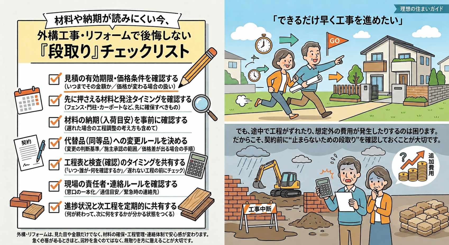 材料不足・納期遅れが起きやすい今、外構工事・リフォームで後悔しない依頼先の見極め方【契約前に確認すべき段取りとポイント】